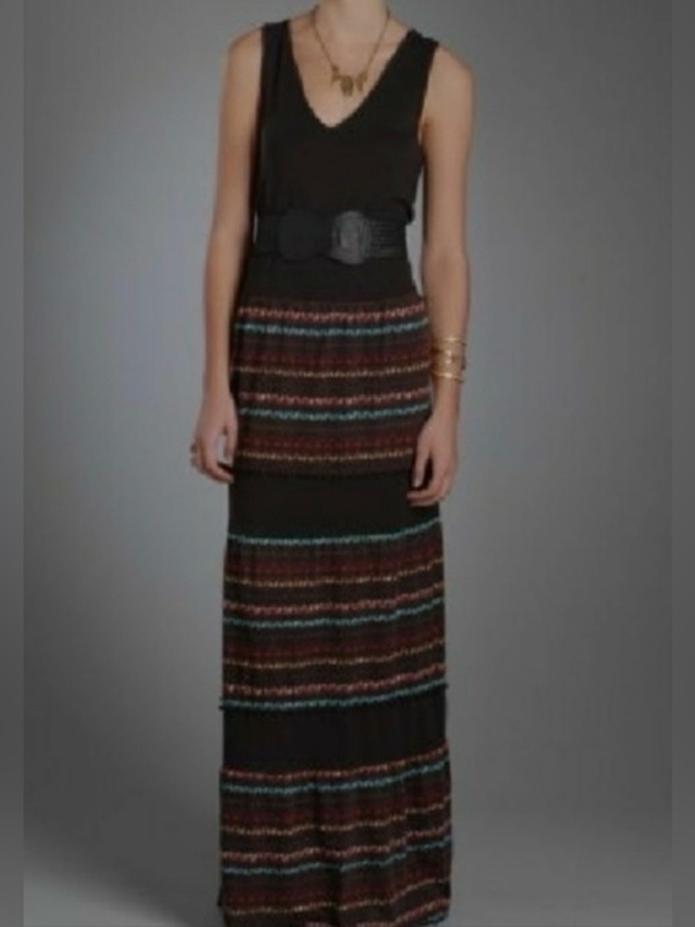 Women’s SP Free People Black Boho Tiered Maxi Dress Sleeveless V Neck Fair Isle